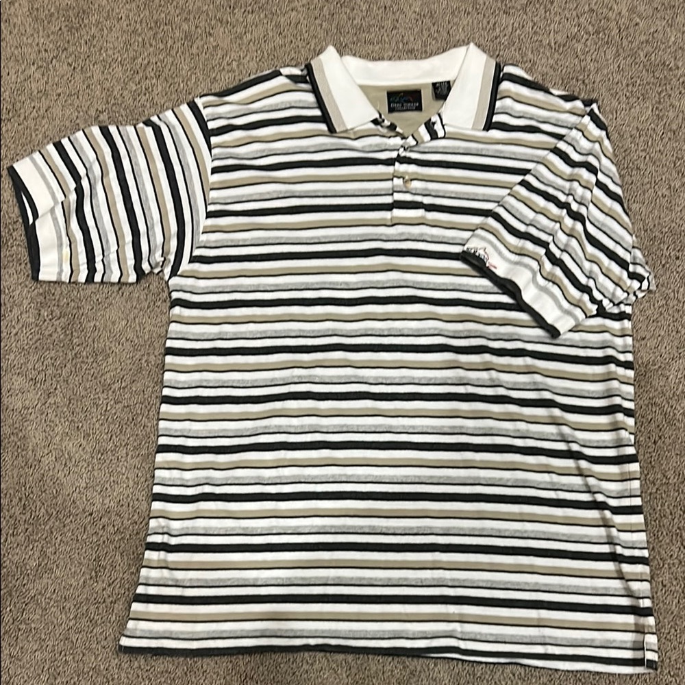 Greg Norman XL Striped Polo Shirt - Black, White, Gray, Tan